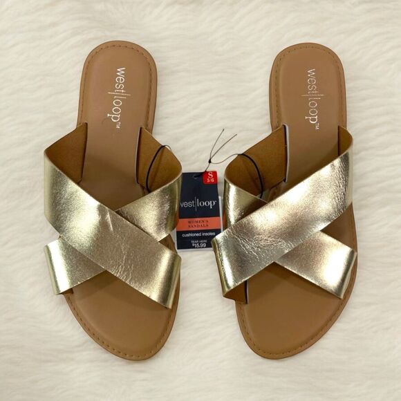 WOMEN'S SMALL (5/6) Metallic Gold Casual Flat Crossover Slide Sandals Cushioned - Picture 7 of 14